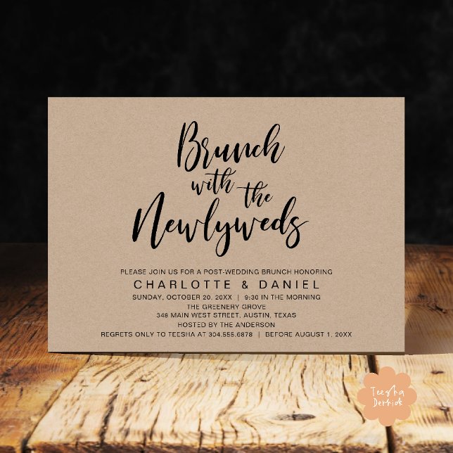 Brunch with the newlyweds, Wedding Elopement Invitation (Brunch with the newlyweds, Post Wedding Elopement Invitation Card PDF Cottage Brown Wood Background)