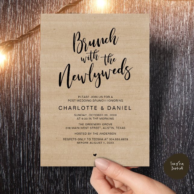 Brunch with the newlyweds, Wedding Elopement Invitation (Brunch with the newlyweds, Post Wedding Elopement Invitation Card PDF Cottage Brown Wood Background)