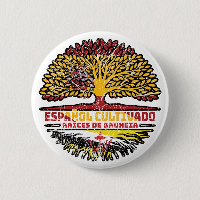 Brunei Bruneian Spanish Spain Tree Roots Flag Button (Front)