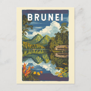 Brunei Painterly Illustration Travel Art Vintage Postcard