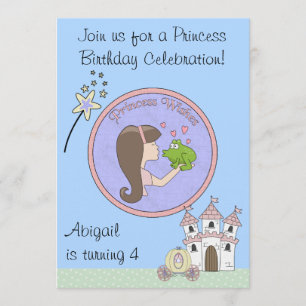 Brunett Princess, Frog and Unicorn Birthday Invite