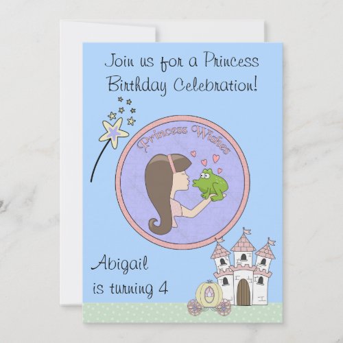 Brunett Princess Frog and Unicorn Birthday Invite