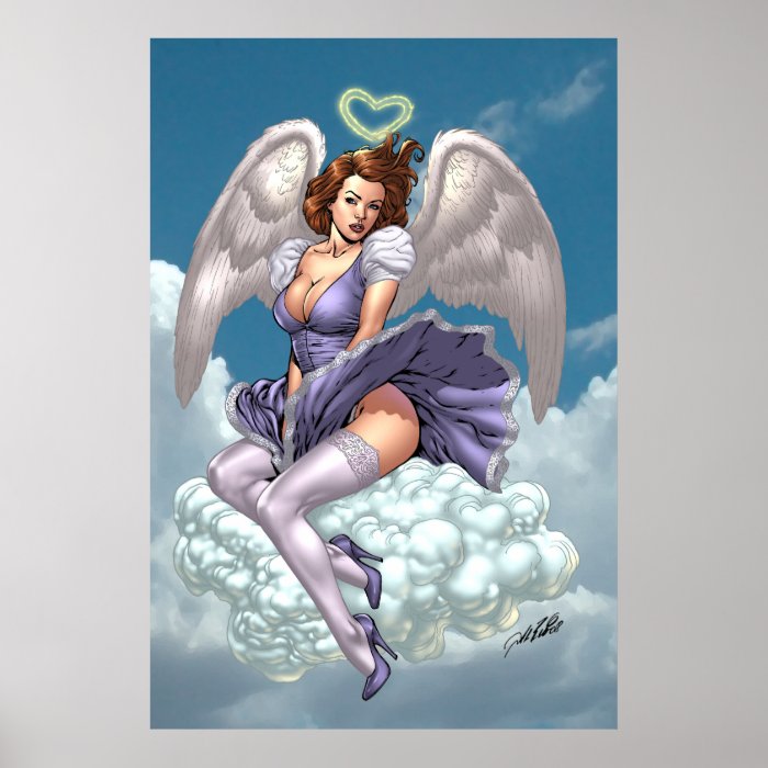 Brunette Angel Pinup with Heart Halo by Al Rio Print
