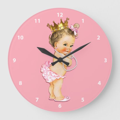 Brunette Baby Princess and Pearls Pink Large Clock