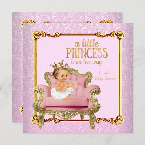 Brunette Baby Princess Baby Shower Pink Gold Chair Invitation