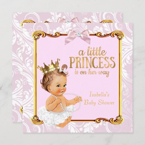 Brunette Baby Princess Baby Shower White Pink Gold Invitation