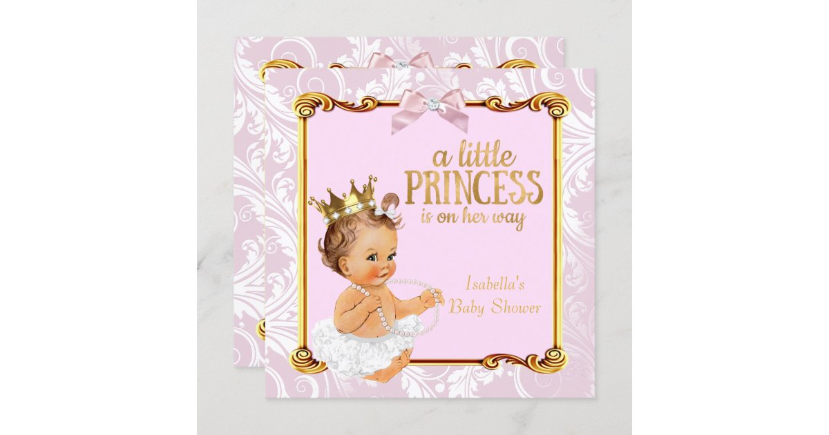 Brunette Baby Princess Baby Shower White Pink Gold Invitation | Zazzle