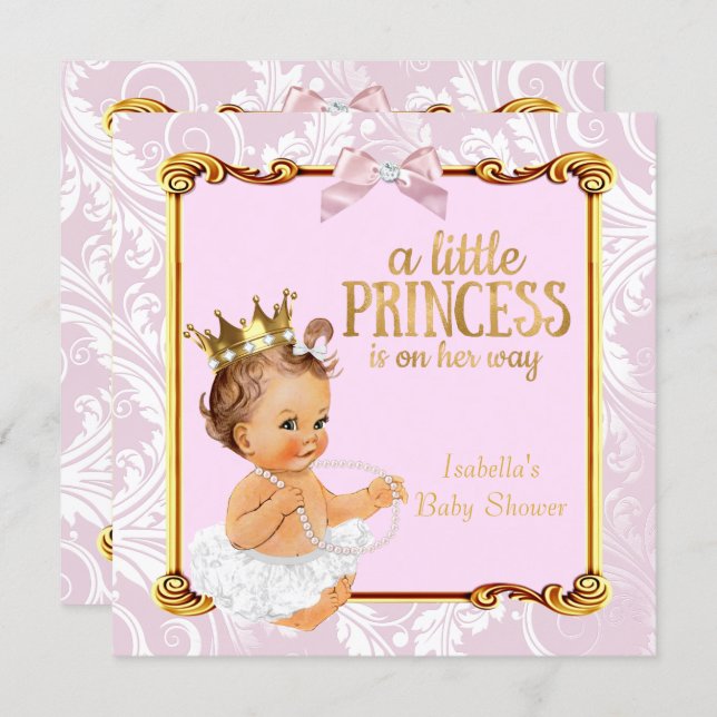Brunette Baby Princess Baby Shower White Pink Gold Invitation (Front/Back)