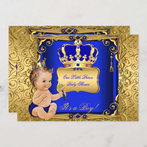 Brunette Baby Shower Boy Royal Blue Gold Invitation