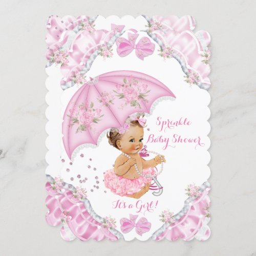 Brunette Baby Shower Pink Umbrella Girl Flowers Invitation