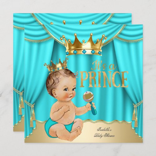 Brunette Baby Shower Prince Aqua Blue Gold Crown Invitation