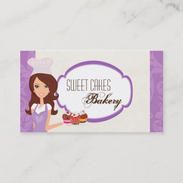 Brunette Baker on Purple Cup Cakes Business Card (Front)