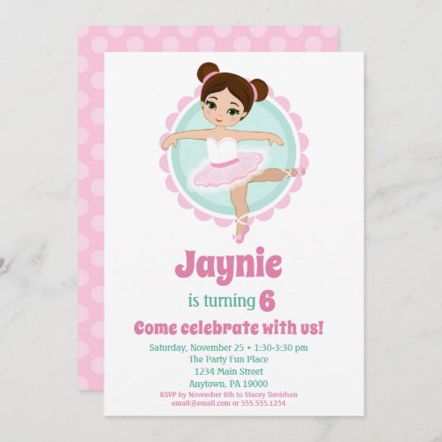 Brunette Ballerina Ballet Dancing Birthday Party Invitation