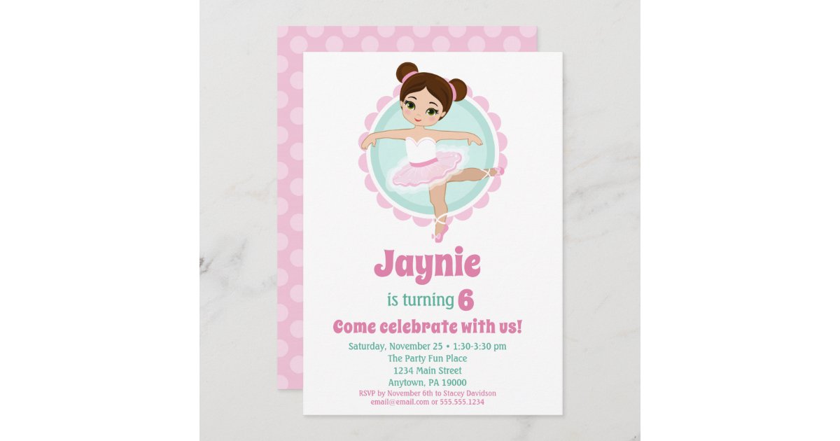 Brunette Ballerina Ballet Dancing Birthday Party Invitation