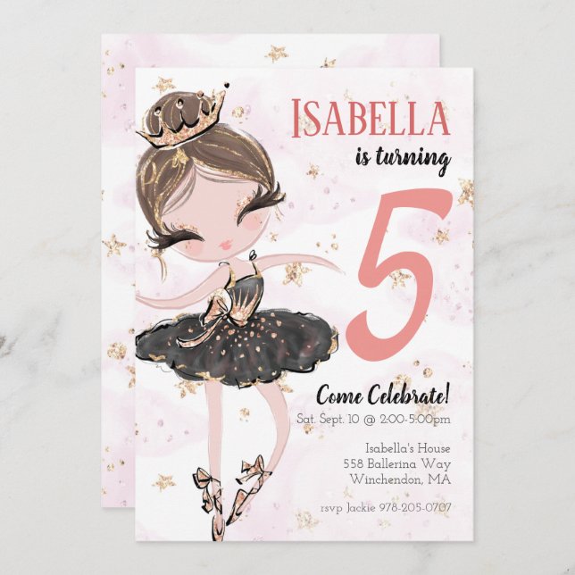 Brunette Ballerina Birthday Party Invitation (Front/Back)