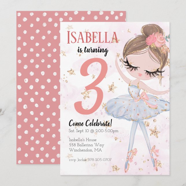 Brunette Ballerina Birthday Party Invitation (Front/Back)