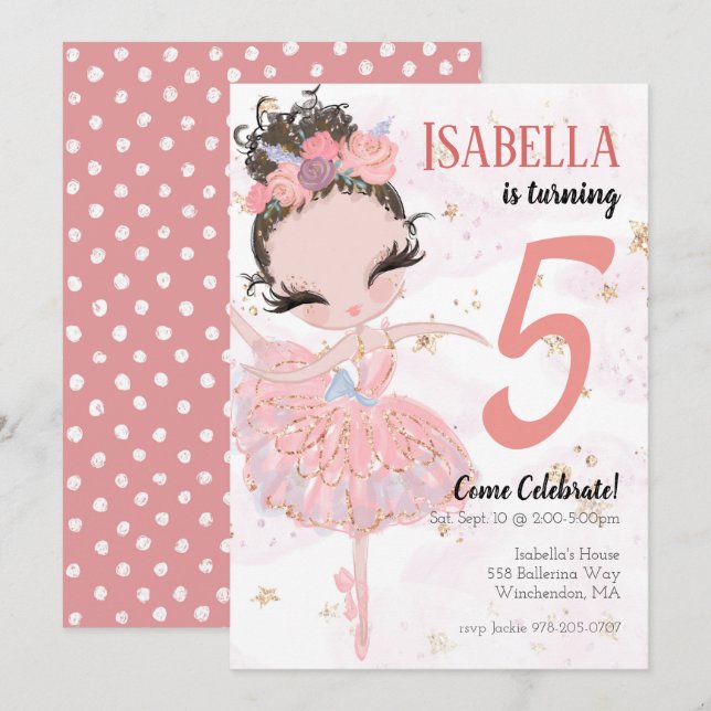 Brunette Ballerina Birthday Party Invitation (Front/Back)
