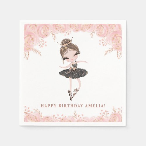 Brunette Ballerina in Black Dress Floral Birthday Napkins