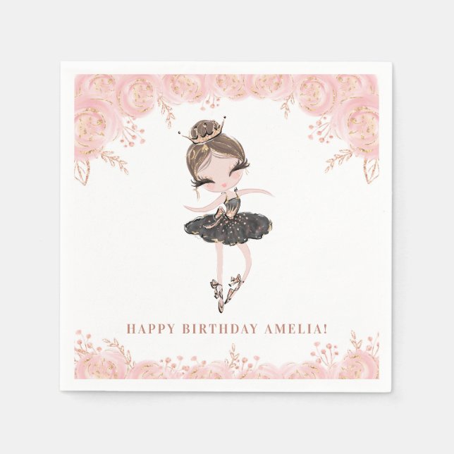 Brunette Ballerina in Black Dress Floral Birthday Napkins (Front)