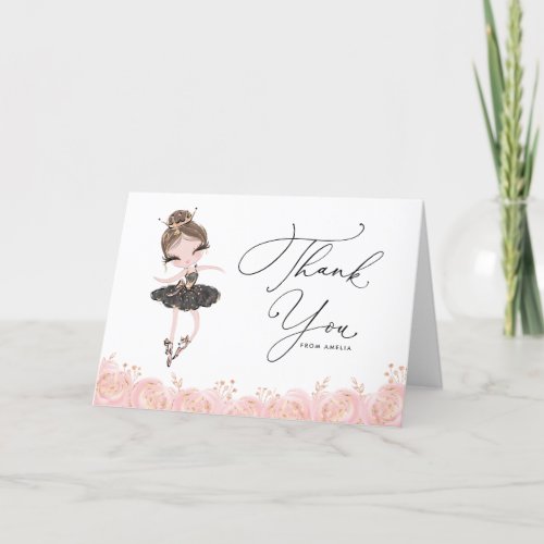 Brunette Ballerina in Black Dress Floral Birthday Thank You Card