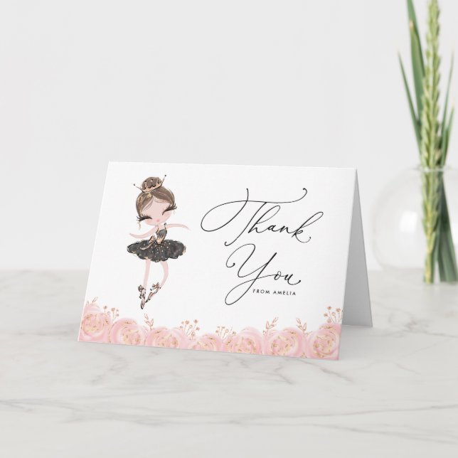 Brunette Ballerina in Black Dress Floral Birthday Thank You Card (Front)