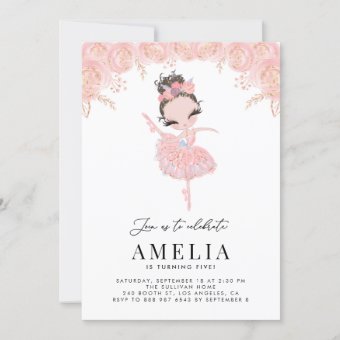 Brunette Ballerina in Pink Dress Floral Birthday Invitation | Zazzle