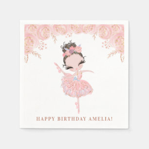 Brunette Ballerina in Pink Dress Floral Birthday Napkins