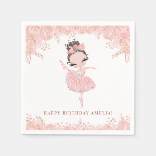 Brunette Ballerina in Pink Dress Floral Birthday Napkins