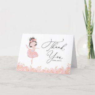 Brunette Ballerina in Pink Dress Floral Birthday Thank You Card