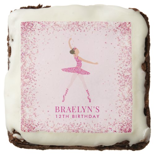Brunette Ballerina in Pink Glitter Dress Birthday Brownie