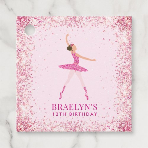 Brunette Ballerina in Pink Glitter Dress Birthday Favor Tags