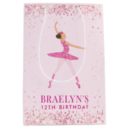 Brunette Ballerina in Pink Glitter Dress Birthday Medium Gift Bag