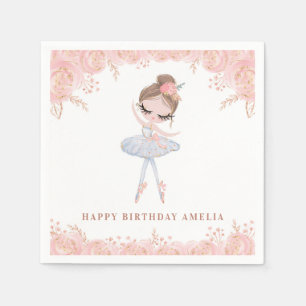 Brunette Ballerina in White Dress Floral Birthday Napkins