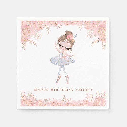 Brunette Ballerina in White Dress Floral Birthday Napkins