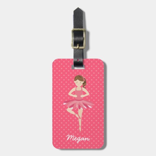 Brunette Ballerina on Pink Polka Dots Luggage Tag