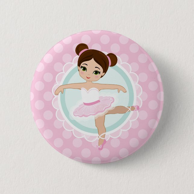 Brunette Ballerina - Pink Ballet Dancer Girl Button (Front)