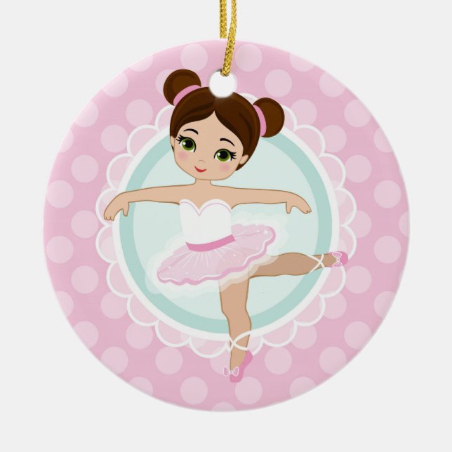 Brunette Ballerina - Pink Ballet Dancer Girl Ceramic Ornament (Front)