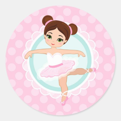 Brunette Ballerina _ Pink Ballet Dancer Girl Classic Round Sticker