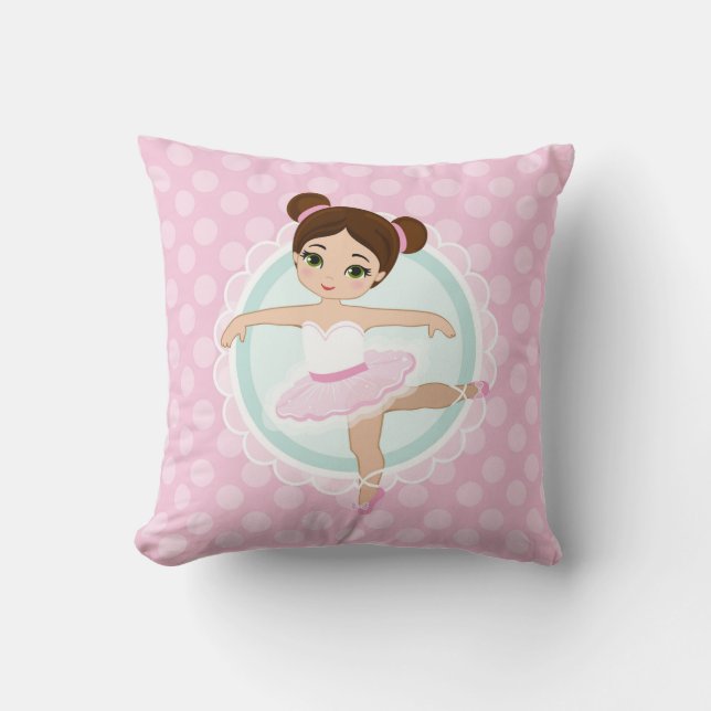 Brunette Ballerina - Pink Ballet Dancer Girl Throw Pillow (Front)