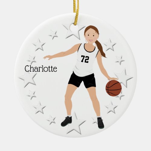 Brunette Basketball Girl In Black And White Ceramic Ornament
