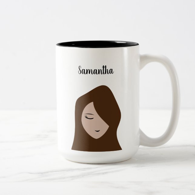 Brunette Beauty: Customizable Girl Illustration Mu Two-Tone Coffee Mug (Right)
