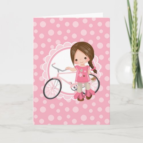 Brunette Bicycle Girl _ Pink White Card