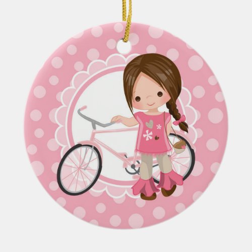 Brunette Bicycle Girl _ Pink White Ceramic Ornament