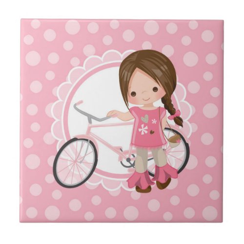 Brunette Bicycle Girl _ Pink White Ceramic Tile