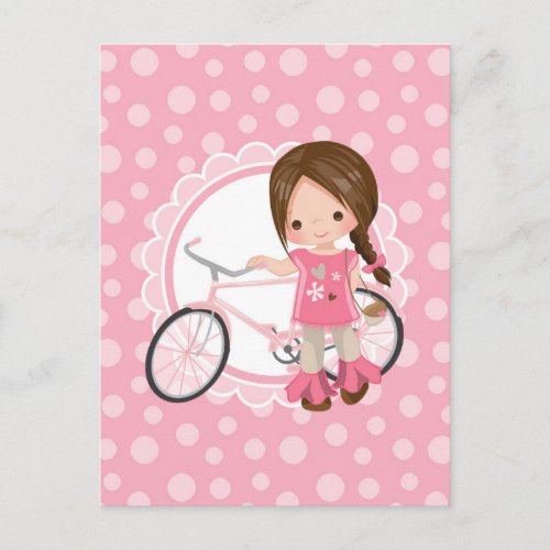 Brunette Bicycle Girl _ Pink White Postcard