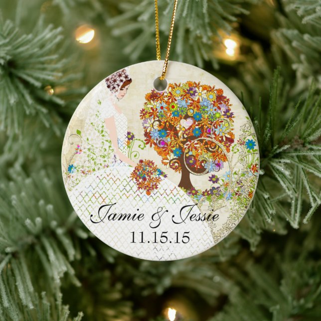 Brunette Birdesmaid Gifts Flower Tree Ceramic Ornament (Tree)