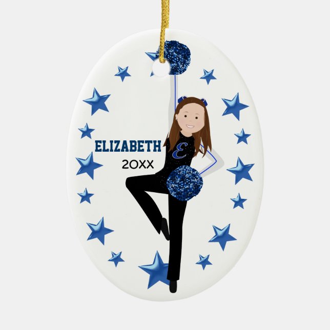 Brunette Black, Blue & White Pom Squad Ceramic Ornament (Front)