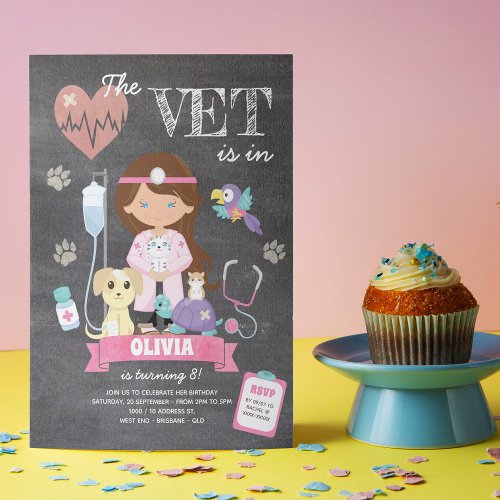 Brunette Blue Eyes Chalkboard Vet Birthday Party Invitation