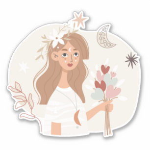 Brunette boho bouquet flowers moon stars line art sticker