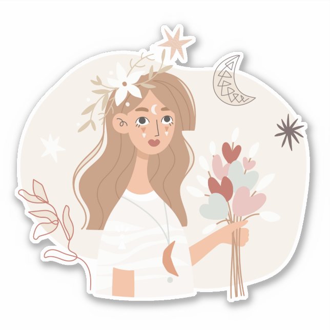 Brunette boho bouquet flowers moon stars line art sticker (Front)
